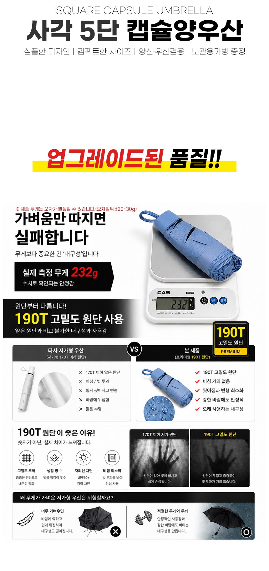 초경량 미니 5단 우산 양우산 양산 암막 자외선 차단 캡슐우산 케이스 인쇄가능 상세 이미지