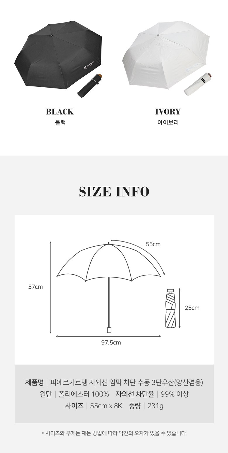 [피에르가르뎅] 솔리드포맨 UV차단 수동 3단우산 (양산겸용) 상세 이미지