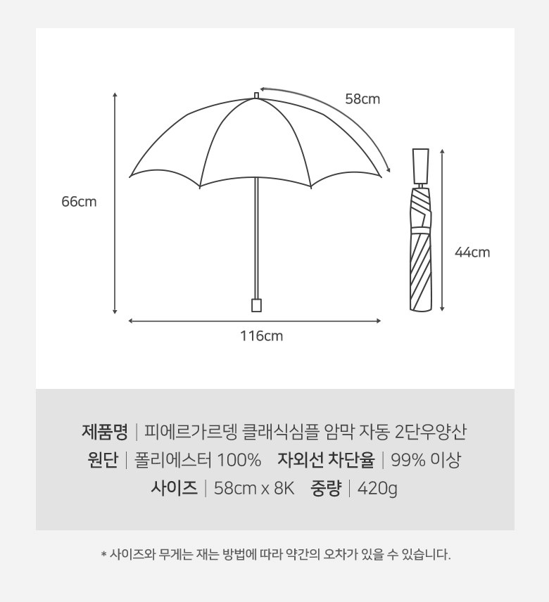 피에르가르뎅 클래식심플 슬림 암막 자동 2단우산 (양산겸용) 상세 이미지